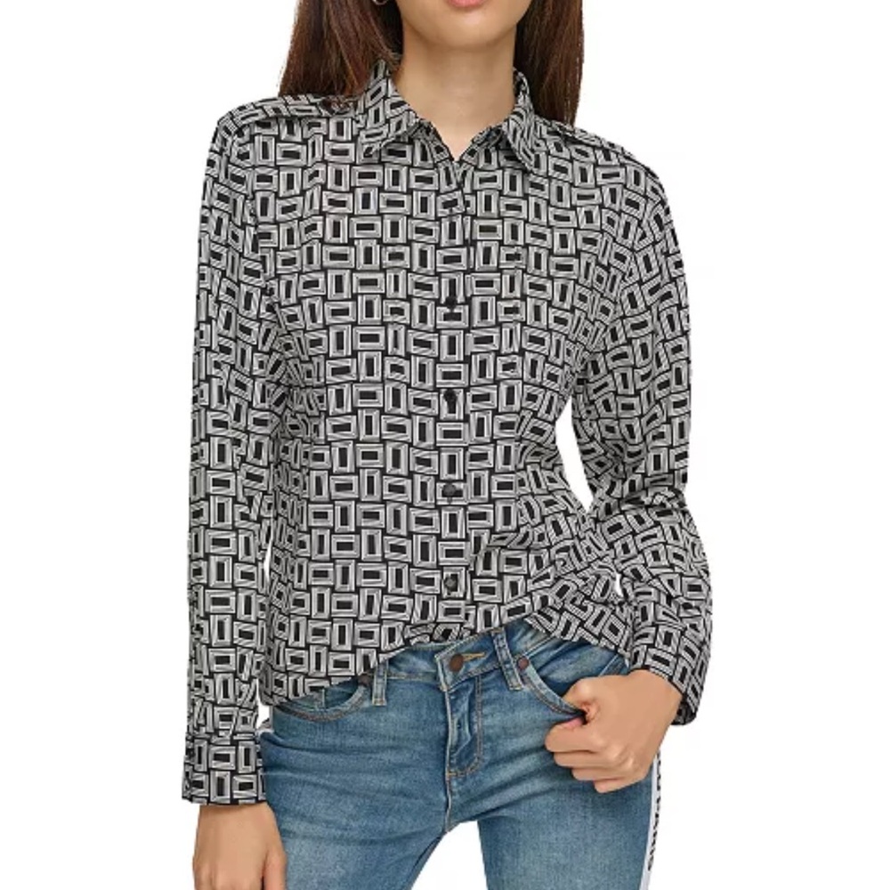 KARL LAGERFELD PARIS Monogram Printed Utility Button Down Shirt XS